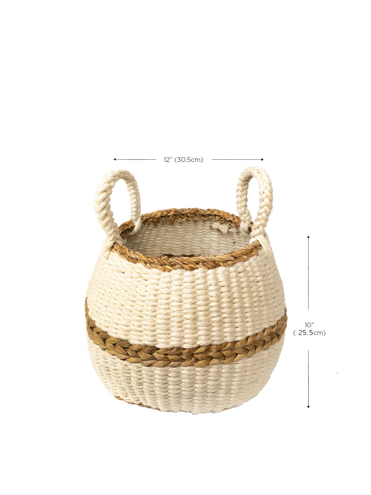 Ula Blanco Basket, handwoven from seagrass and jute, featuring a natural and white color scheme, perfect for stylish storage.