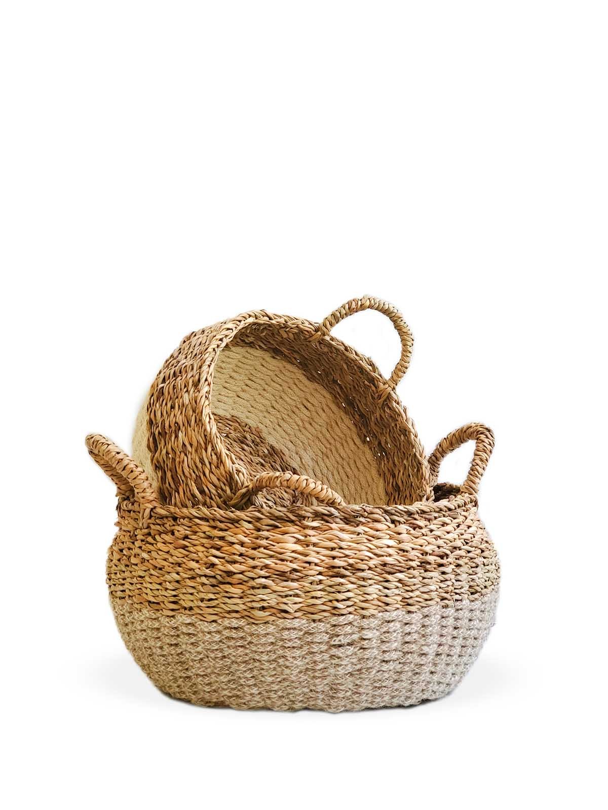 Ula Floor Basket in natural color, made from seagrass and jute, showcasing its stylish and multifunctional design.