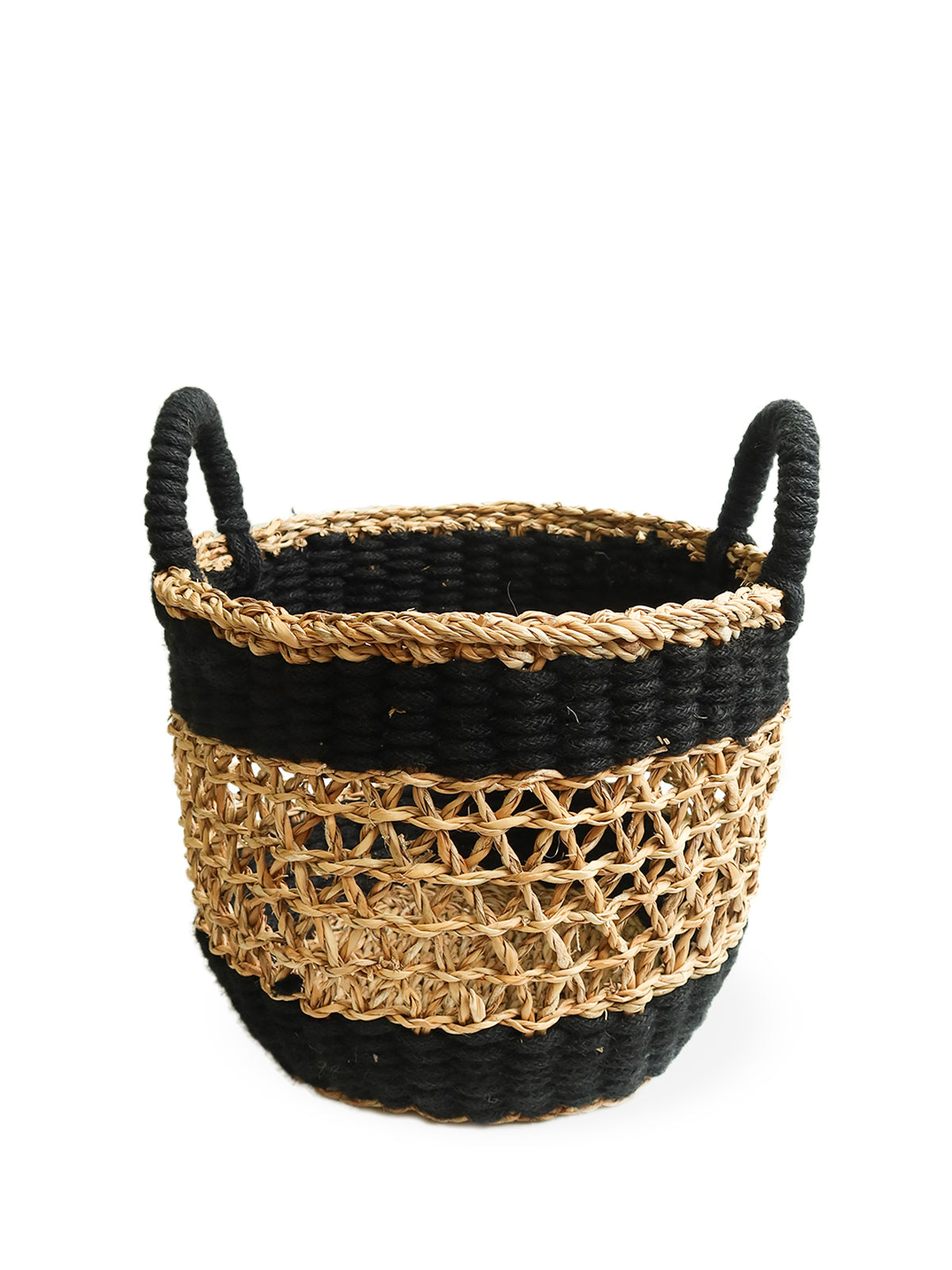 Ula Mesh Basket in Black, handcrafted from seagrass and jute, showcasing a stylish and versatile design for home organization.