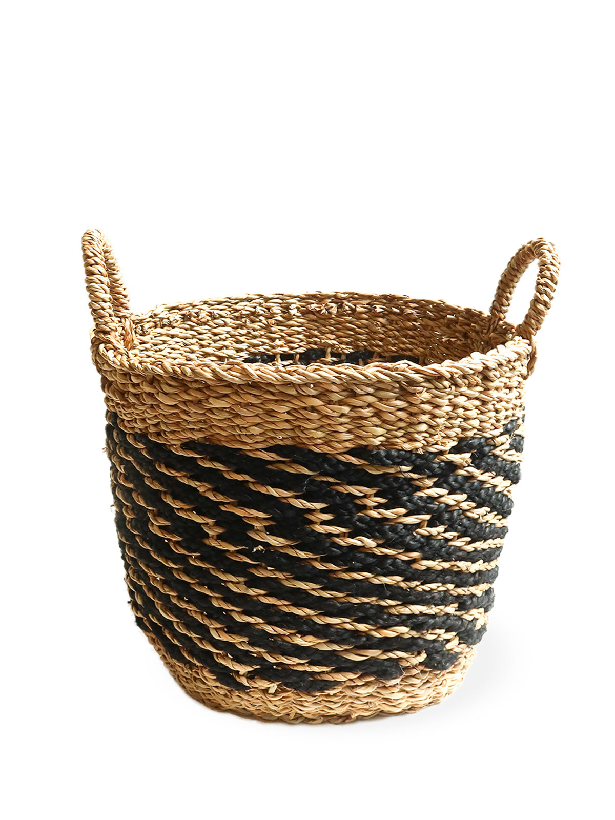 Ula Mesh Basket in Black, handcrafted from seagrass and jute, showcasing a stylish and versatile design for home organization.