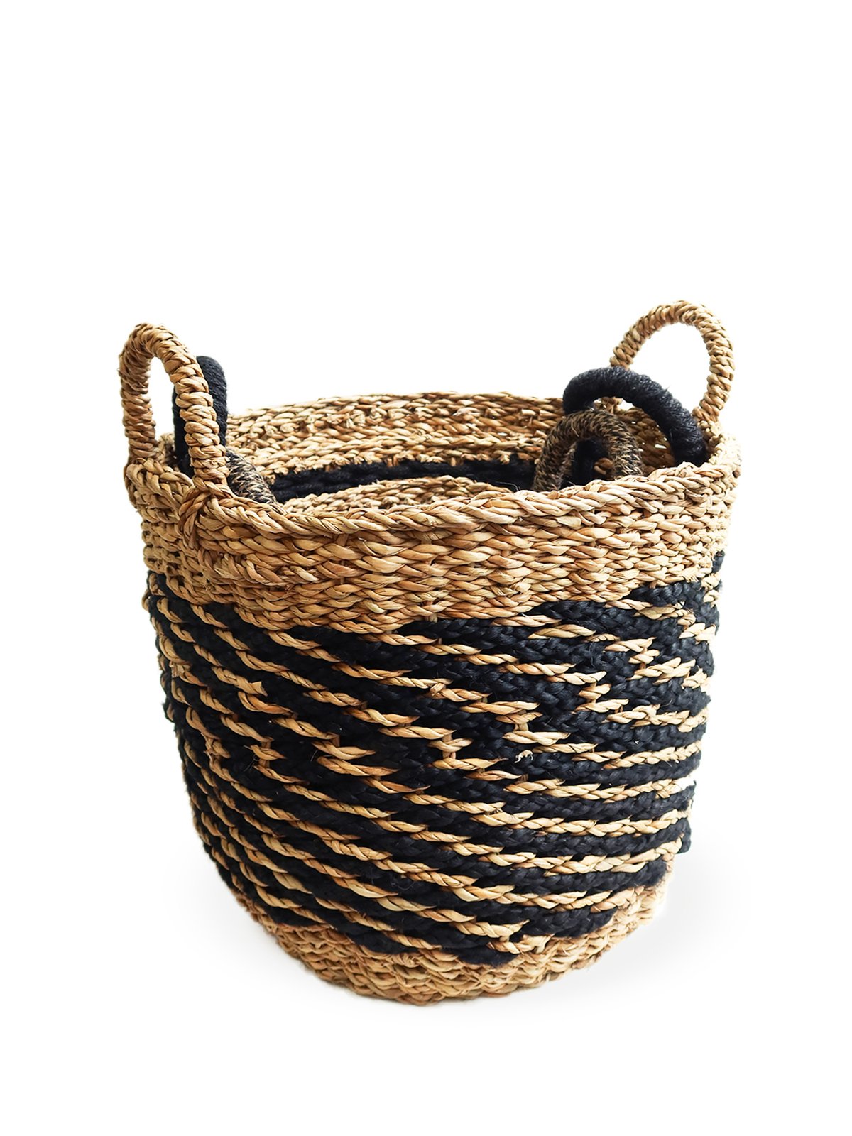 Ula Mesh Basket in Black, handcrafted from seagrass and jute, showcasing a stylish and versatile design for home organization.