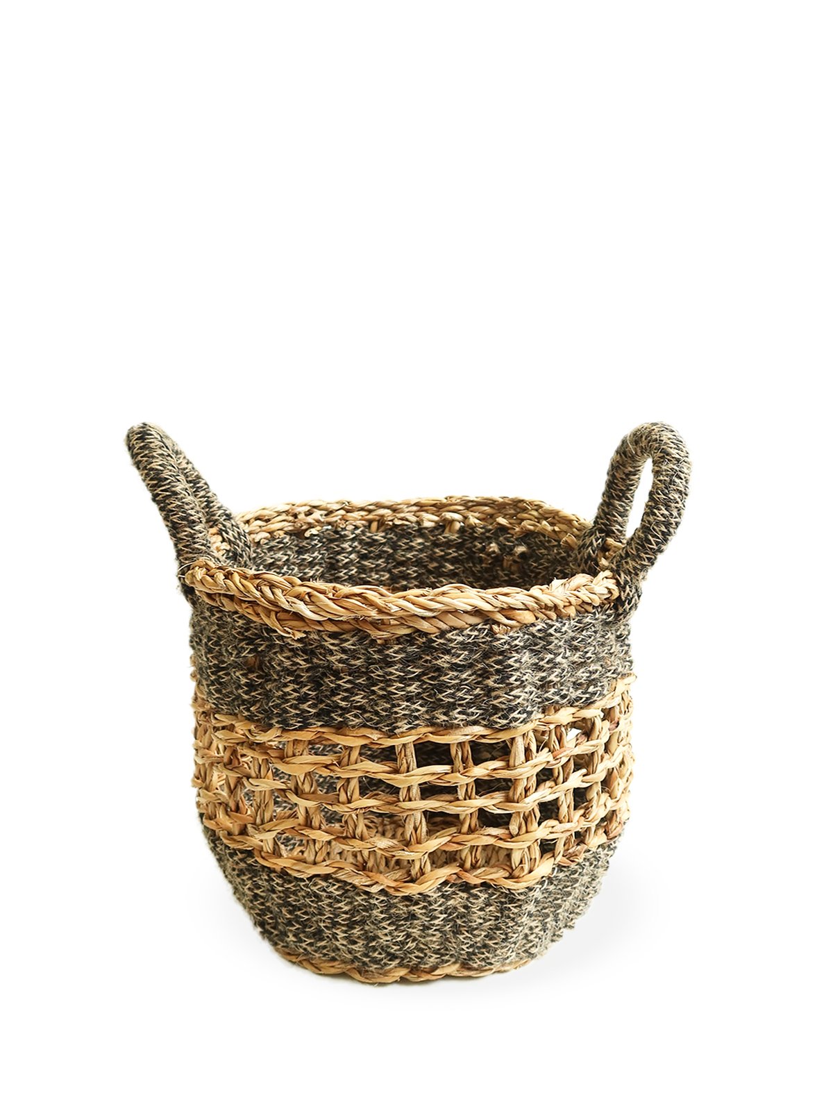 Ula Mesh Basket in Black, handcrafted from seagrass and jute, showcasing a stylish and versatile design for home organization.