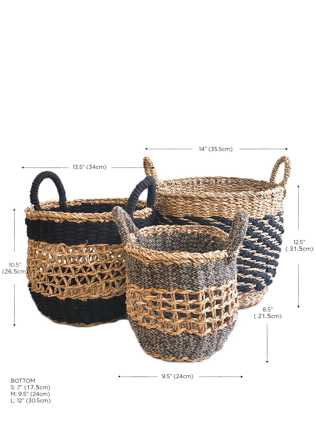 Ula Mesh Basket in Black, handcrafted from seagrass and jute, showcasing a stylish and versatile design for home organization.