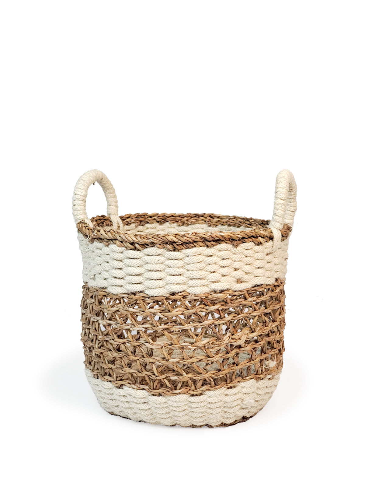 Ula Mesh Basket in natural color, handcrafted from seagrass and jute, showcasing its stylish design and multifunctional use.