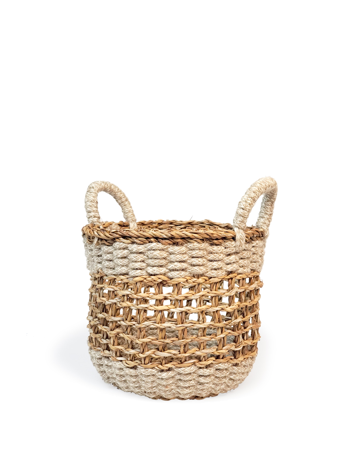 Ula Mesh Basket in natural color, handcrafted from seagrass and jute, showcasing its stylish design and multifunctional use.