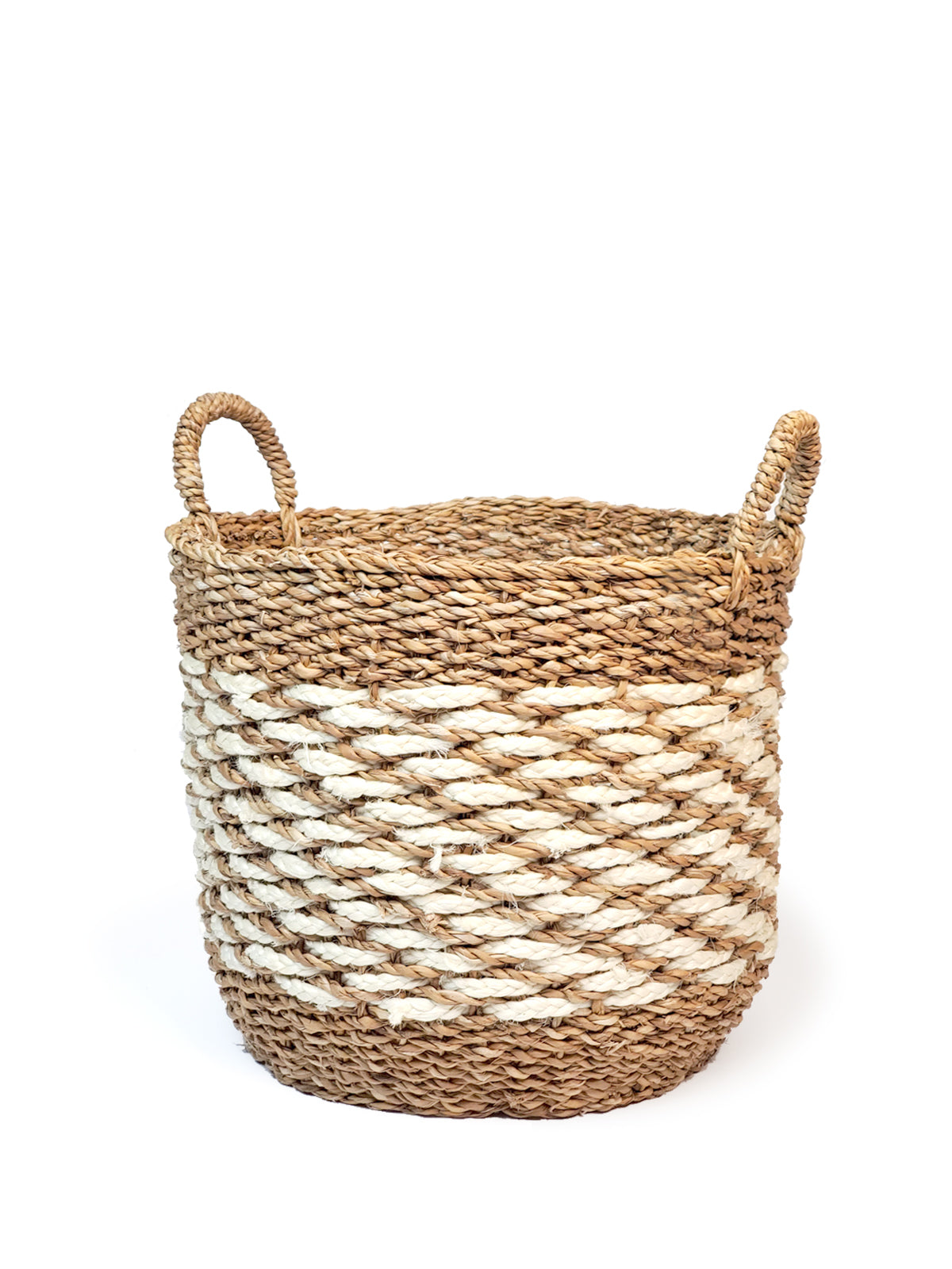 Ula Mesh Basket in natural color, handcrafted from seagrass and jute, showcasing its stylish design and multifunctional use.