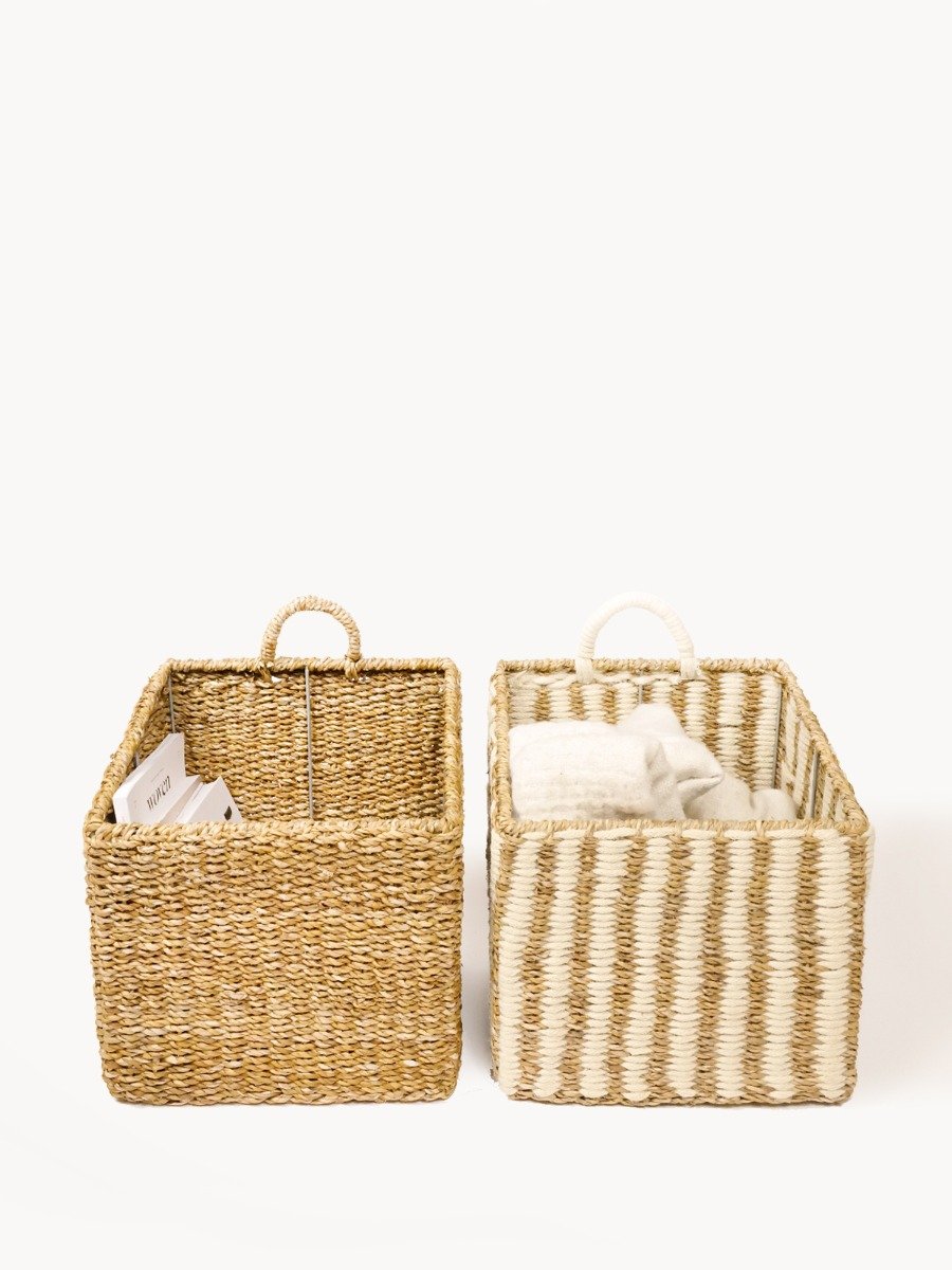 Ula Square Basket made from seagrass and jute, featuring a natural and white color scheme, perfect for stylish storage.