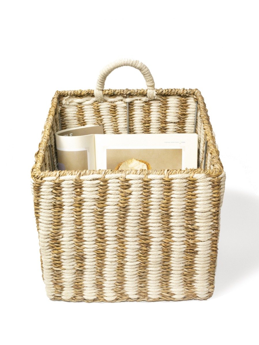 Ula Square Basket made from seagrass and jute, featuring a natural and white color scheme, perfect for stylish storage.