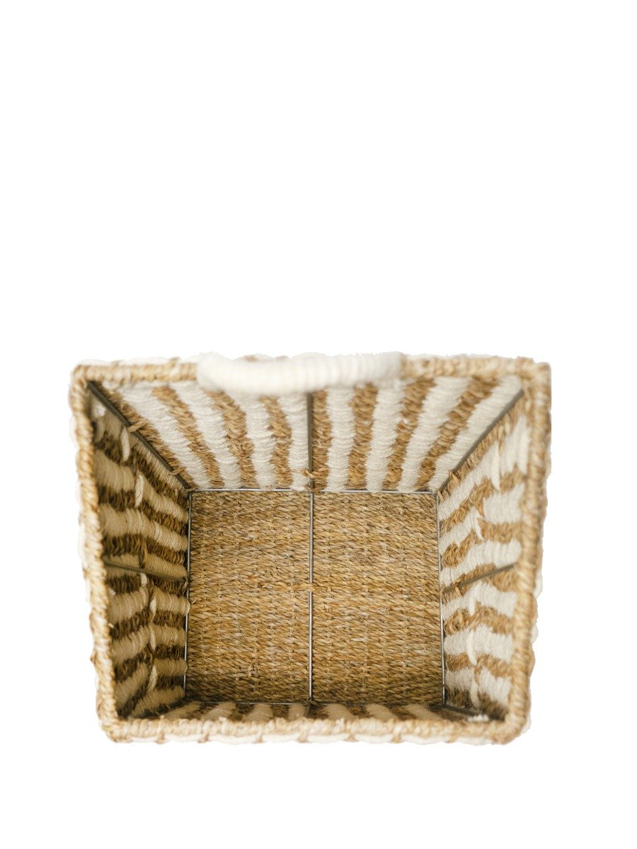 Ula Square Basket made from seagrass and jute, featuring a natural and white color scheme, perfect for stylish storage.