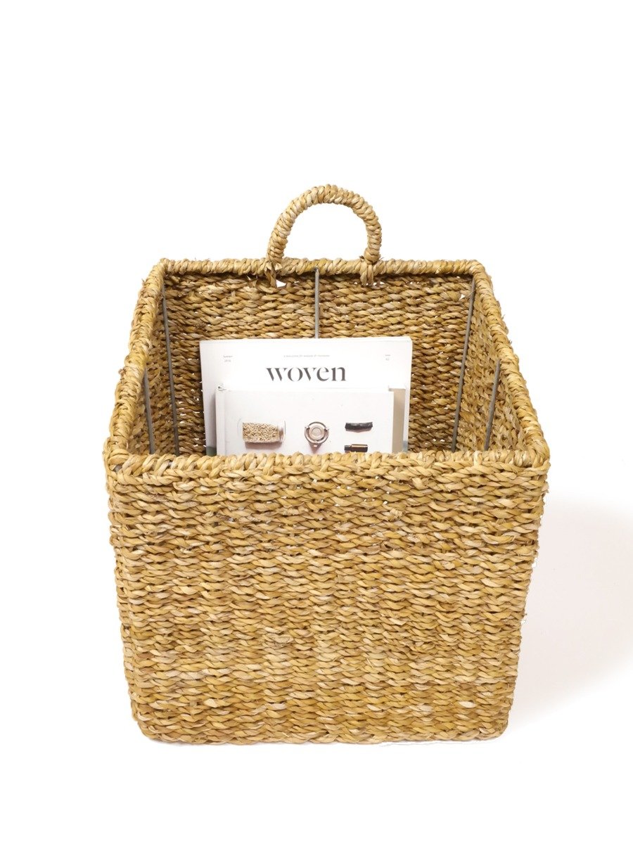 Ula Square Basket made from seagrass and jute, featuring a natural and white color scheme, perfect for stylish storage.