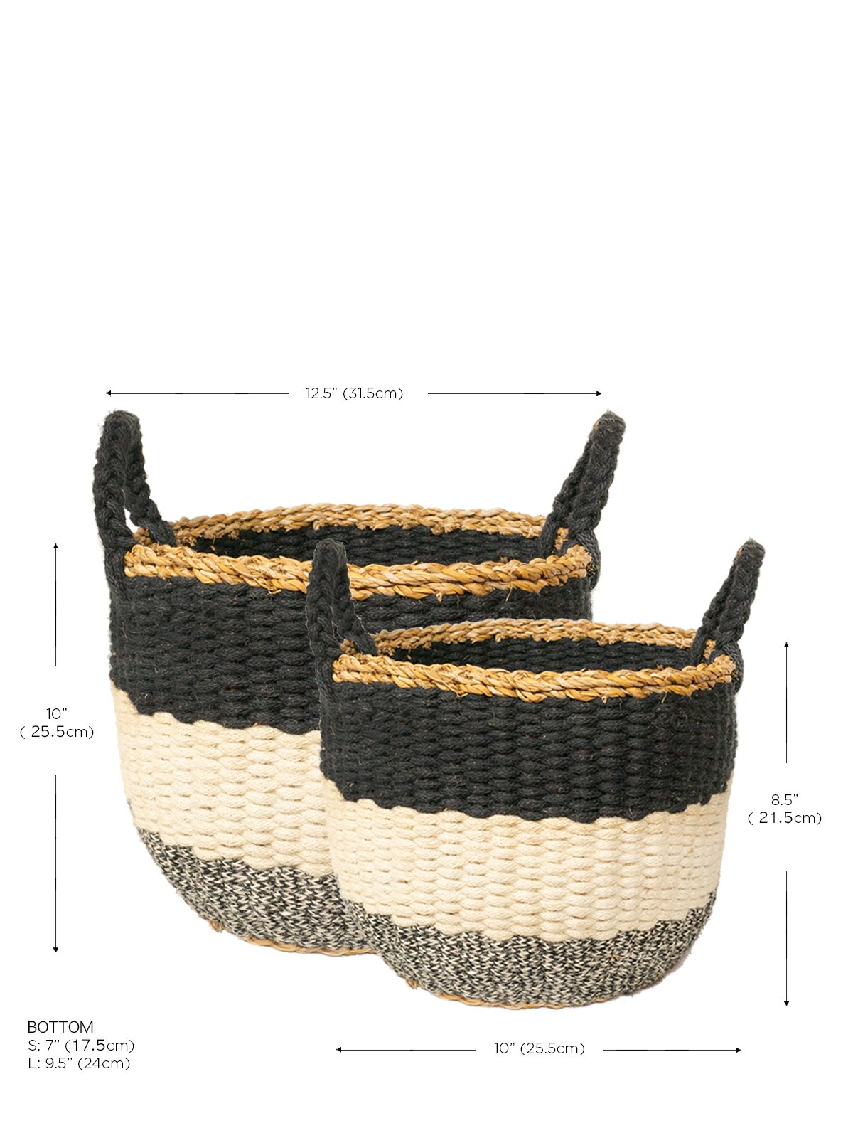 Ula Stripe Basket in Black, handwoven from seagrass and jute, featuring a stylish black and white stripe design, perfect for home storage.