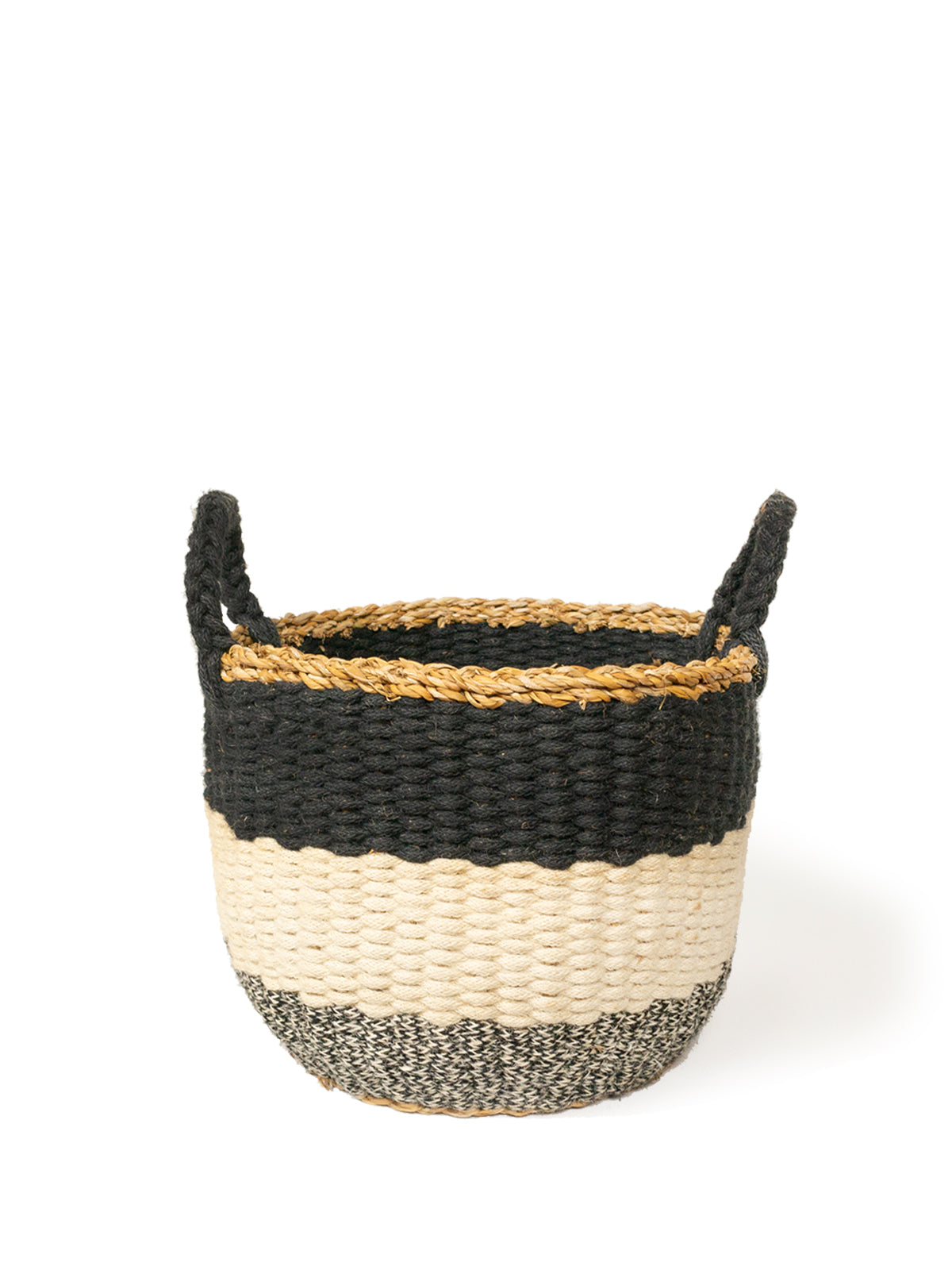 Ula Stripe Basket in Black, handwoven from seagrass and jute, featuring a stylish black and white stripe design, perfect for home storage.