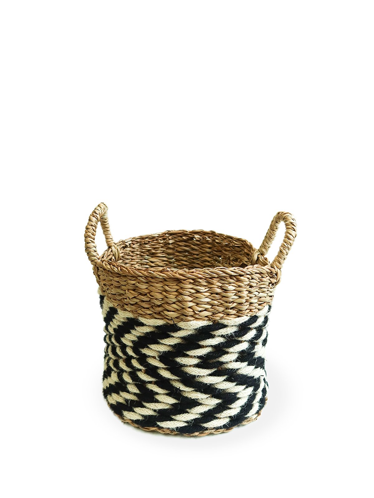 Ula Zigzag Basket handwoven from seagrass and jute, featuring a stylish zigzag pattern in natural, black, and white colors.