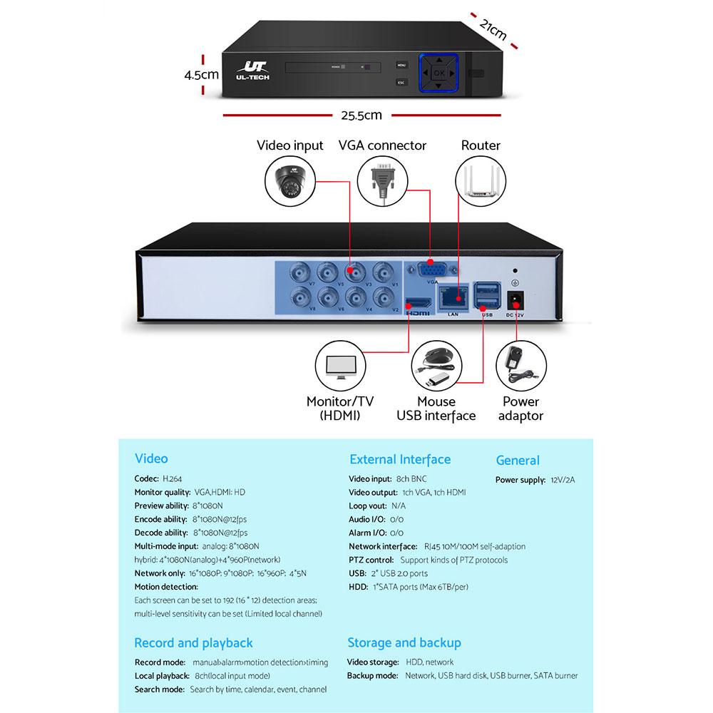 UL-tech 1080P CCTV Security Camera with 8CH Dome DVR, showcasing advanced features for home surveillance.