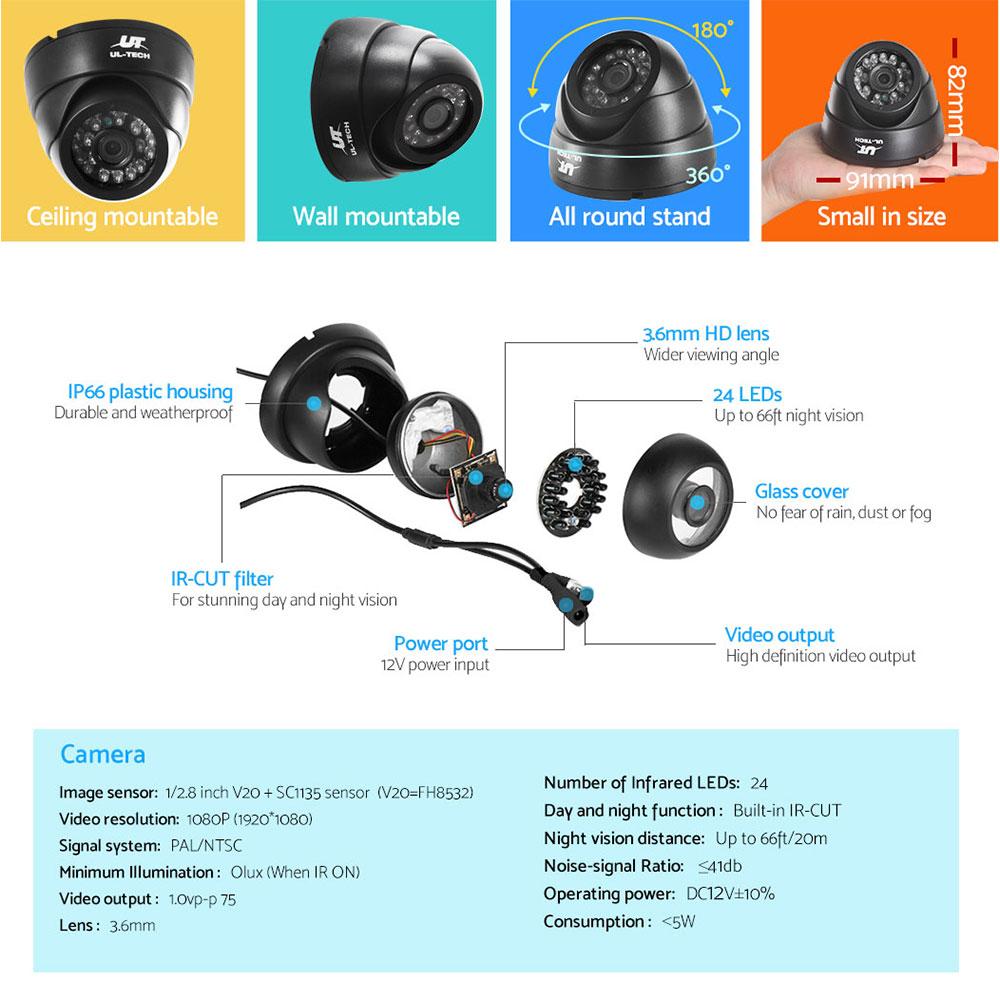 UL-tech 1080P CCTV Security Camera with 8CH Dome DVR, showcasing advanced features for home surveillance.