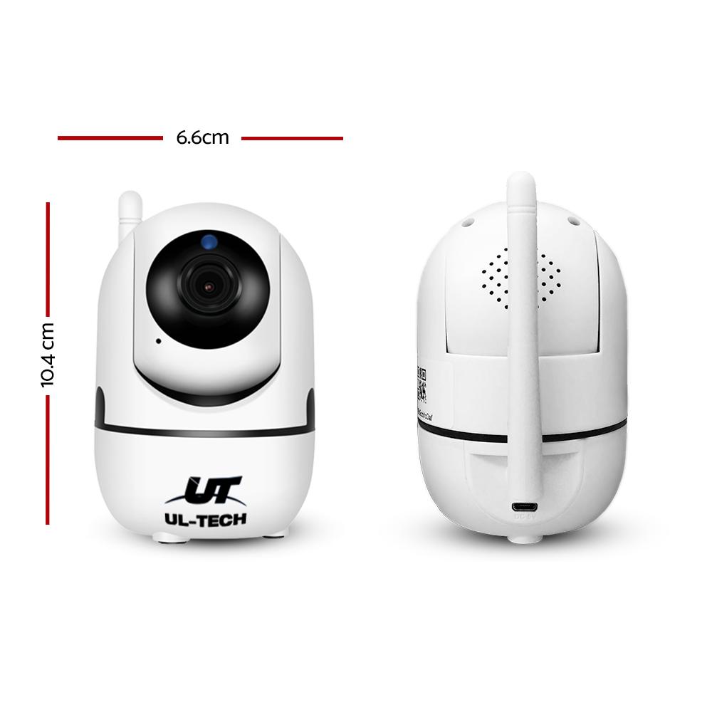 UL-TECH 1080P Wireless IP Camera in white color with a dome design, showcasing its lens and built-in infrared technology for night vision.