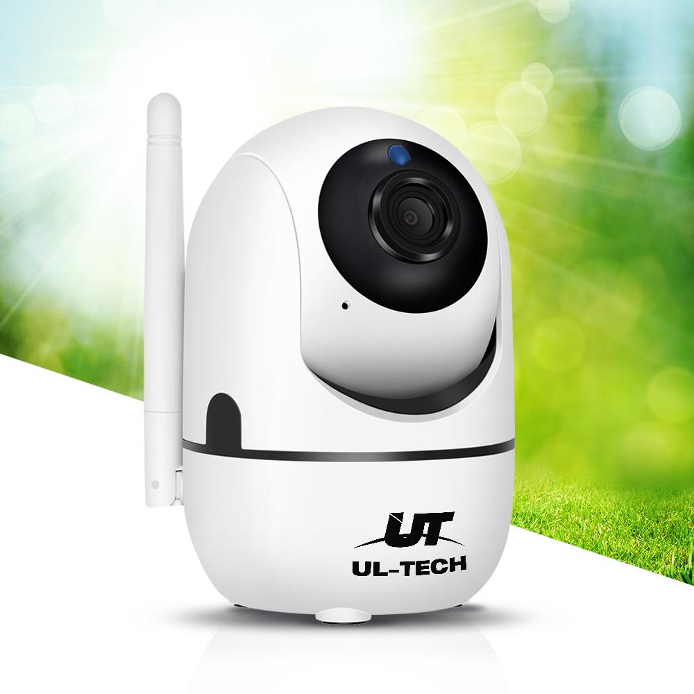 UL-TECH 1080P Wireless IP Camera in white color with a dome design, showcasing its lens and built-in infrared technology for night vision.