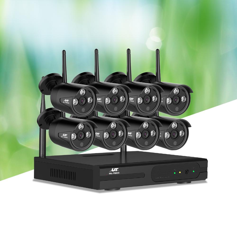 UL-TECH 3MP 8CH Wireless Security Camera NVR system with 8 bullet cameras and NVR unit, showcasing sleek design and advanced technology.