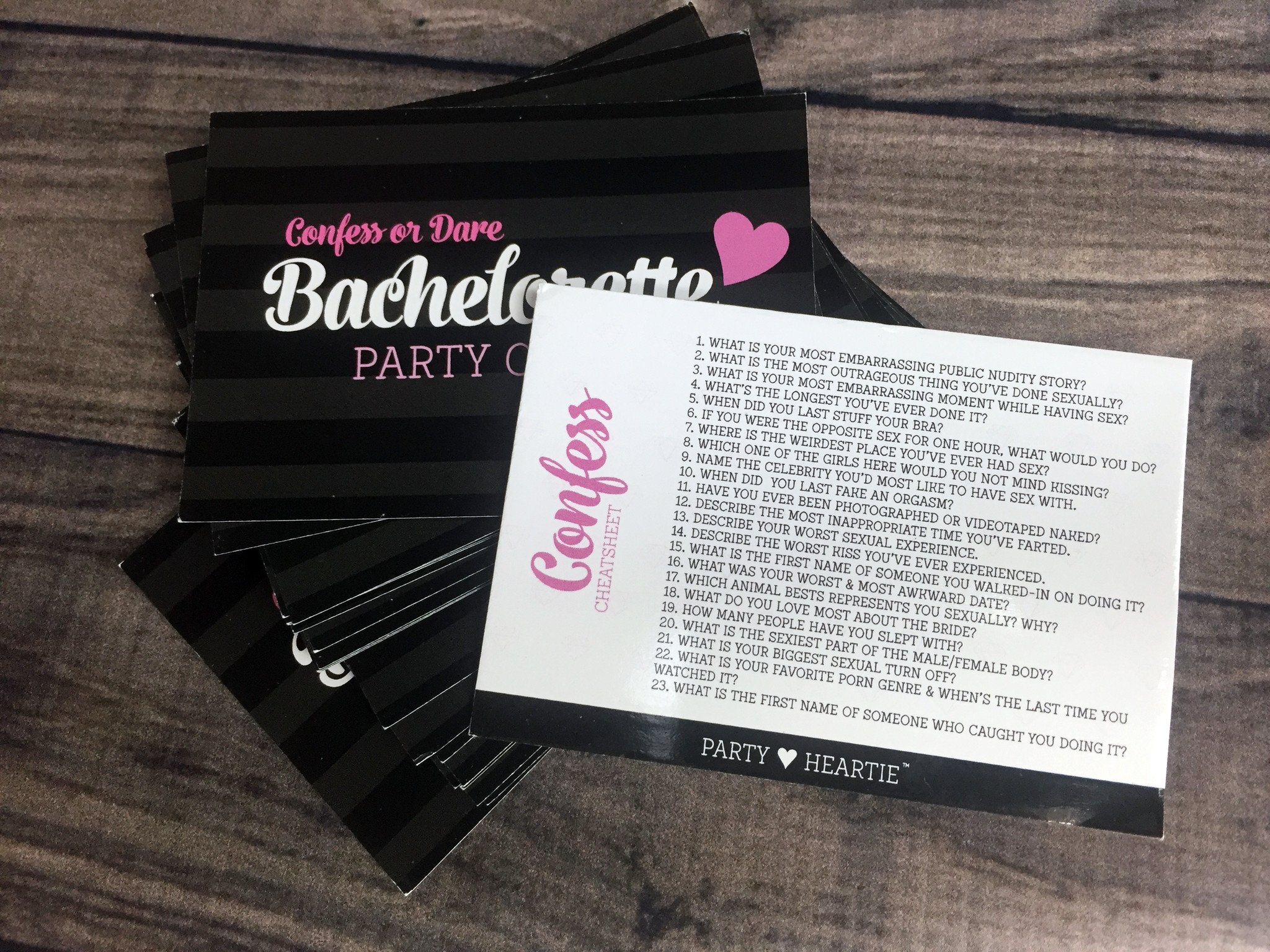 Ultimate Bachelorette 'Confess or Dare' Party Game featuring 23 unique cards for fun and laughter.