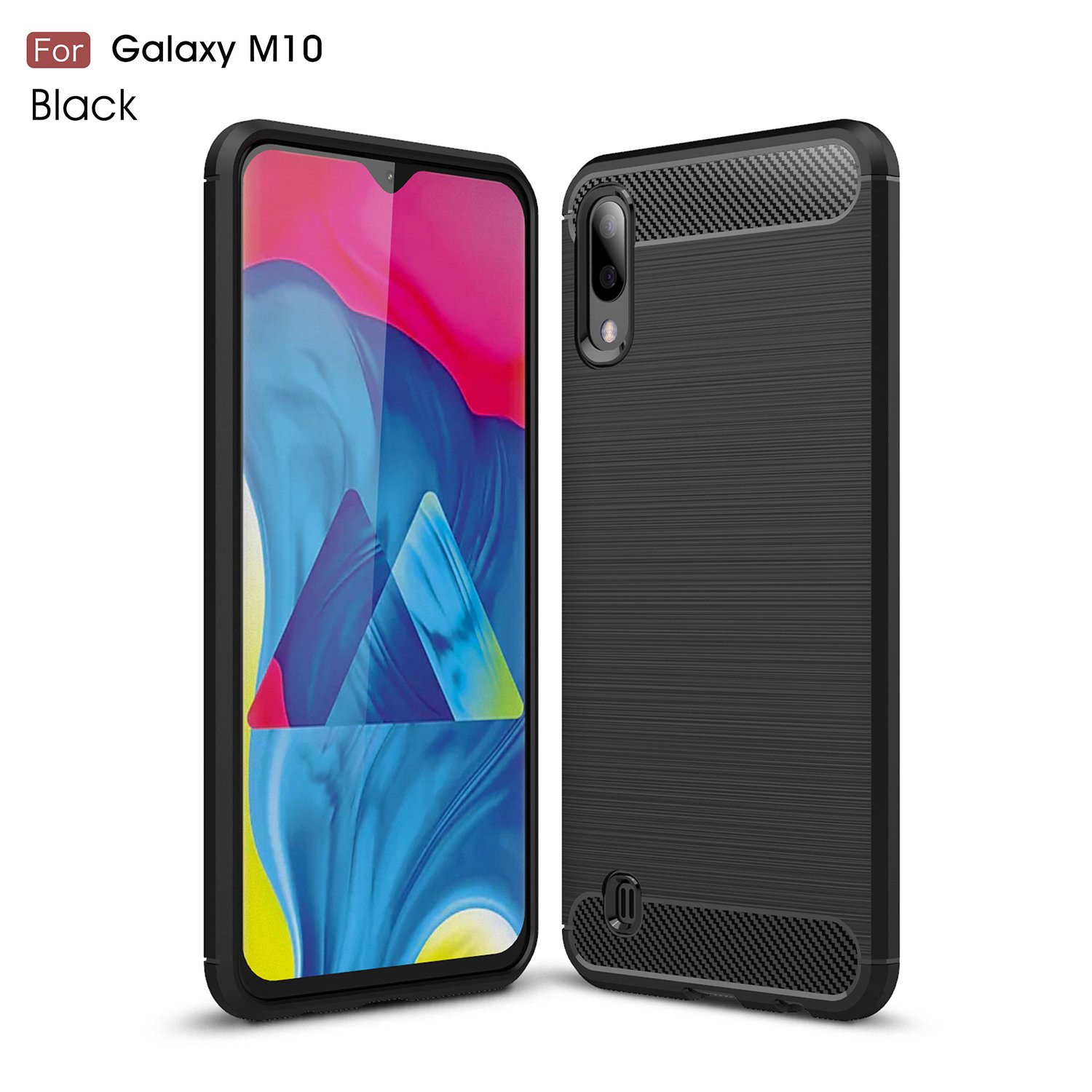 Ultra Slim Thin Brush Carbon Fiber Soft Case for Samsung Galaxy M10 in black, navy blue, and grey colors, showcasing its sleek design and texture.