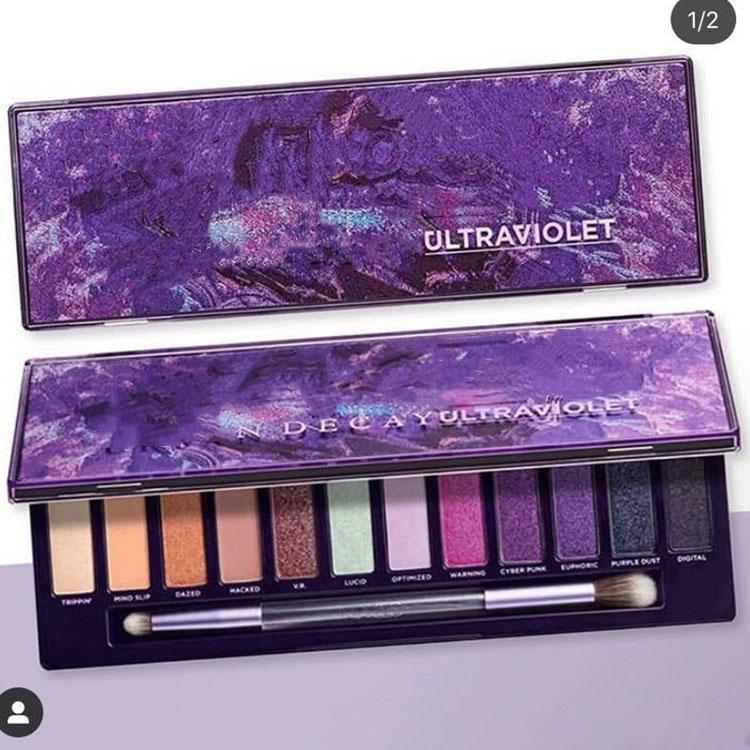 Ultraviolet Purple 12 Color Eye Shadow Palette showcasing vibrant shades in luminous, shimmer, and matte finishes.