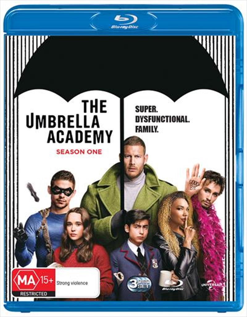 Blu-ray cover of Umbrella Academy Season 1 featuring the main characters in a dramatic pose, showcasing their unique powers.