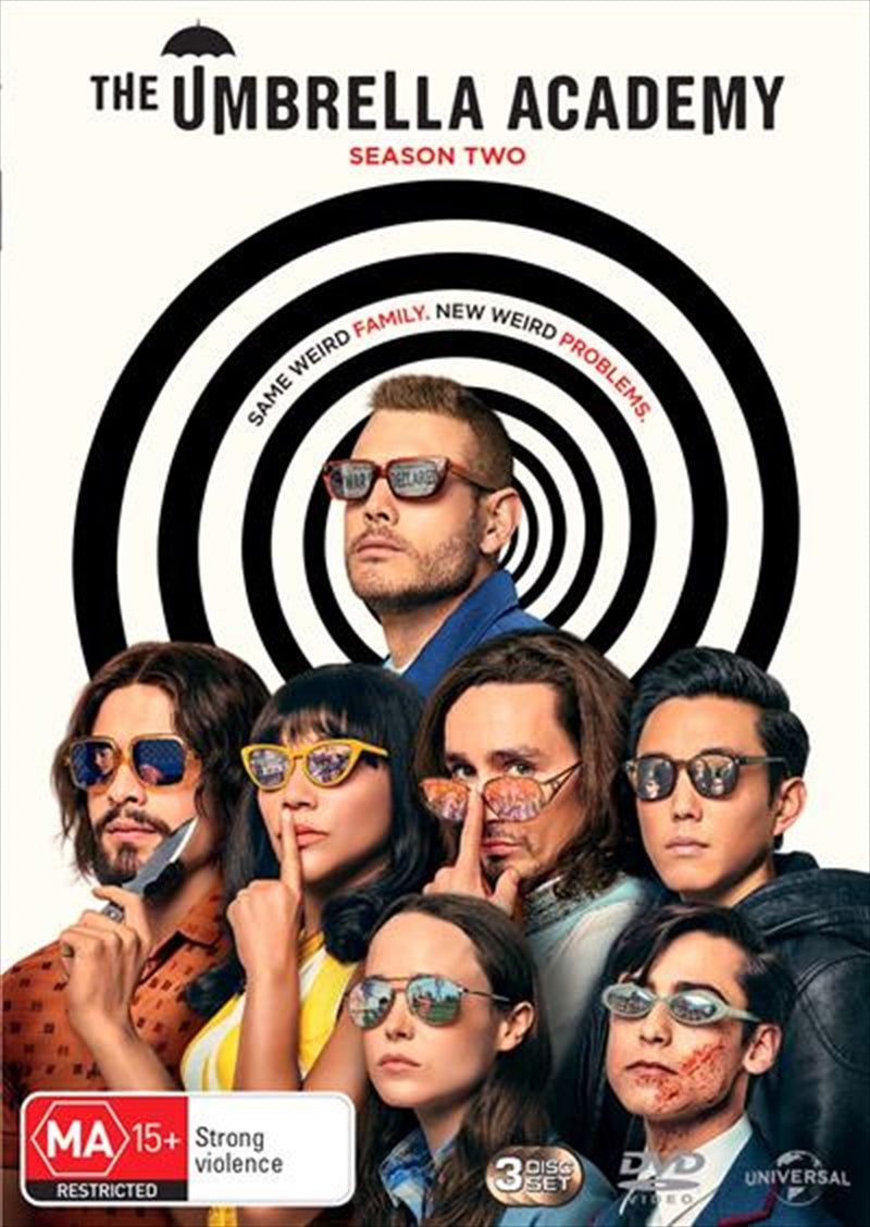 The Umbrella Academy Season 2 DVD cover featuring the main characters in a dramatic pose, showcasing their unique powers and personalities.