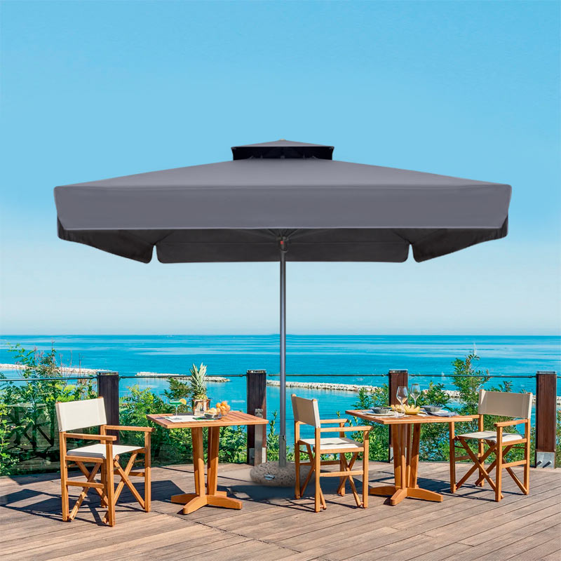 SANTORIN Anthracite 3x3m umbrella with telescopic aluminum frame, waterproof fabric, and double air duct for ventilation.