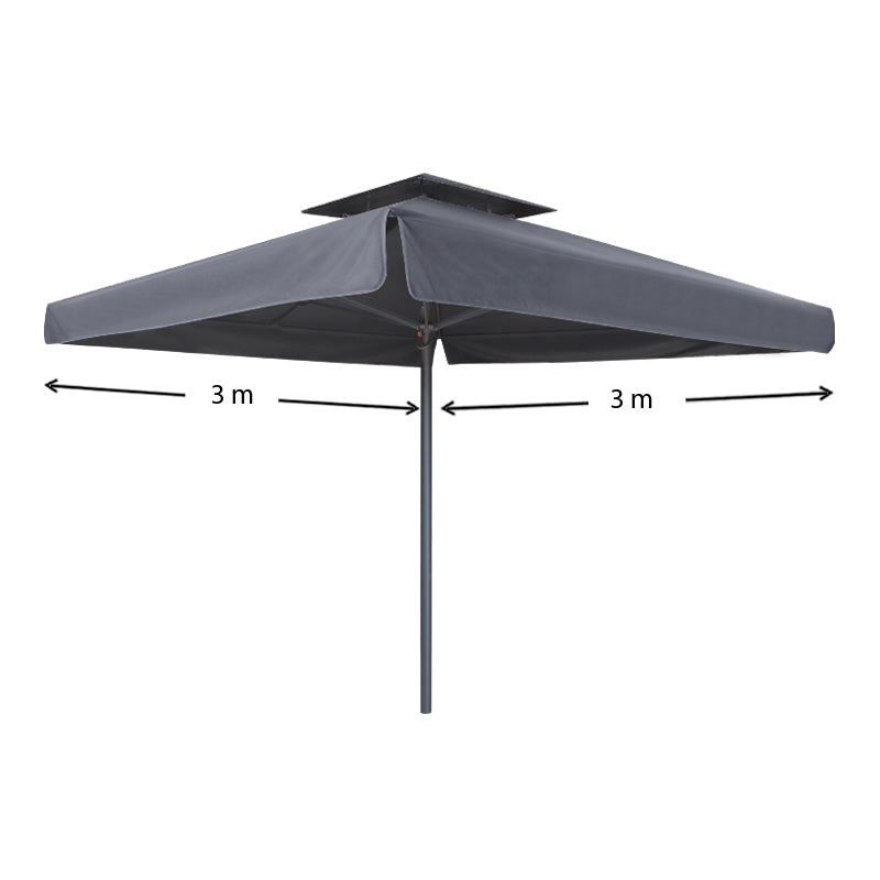 SANTORIN Anthracite 3x3m umbrella with telescopic aluminum frame, waterproof fabric, and double air duct for ventilation.