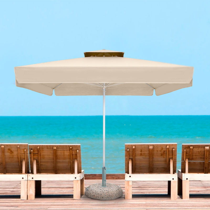 SANTORIN Ecru Umbrella 3.5x3.5m with telescopic aluminium frame, showcasing its waterproof fabric and elegant design.