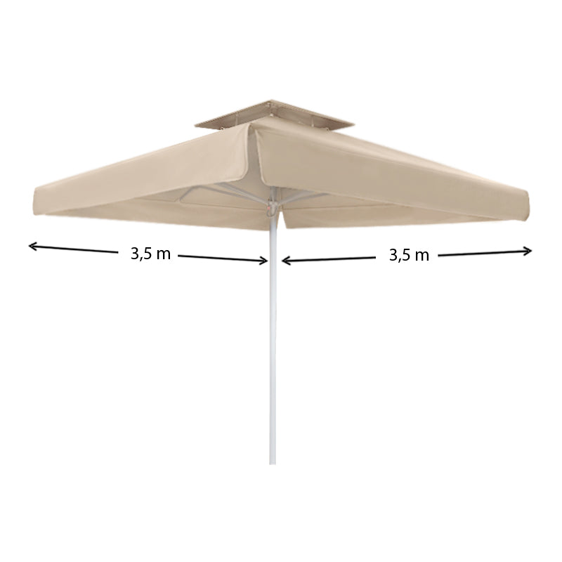 SANTORIN Ecru Umbrella 3.5x3.5m with telescopic aluminium frame, showcasing its waterproof fabric and elegant design.