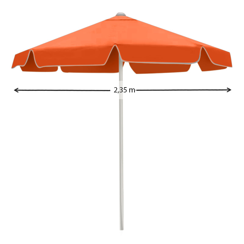 Umbrella SHADOW in vibrant orange with a metallic frame, showcasing its 2.35m diameter and waterproof fabric, ideal for outdoor use.