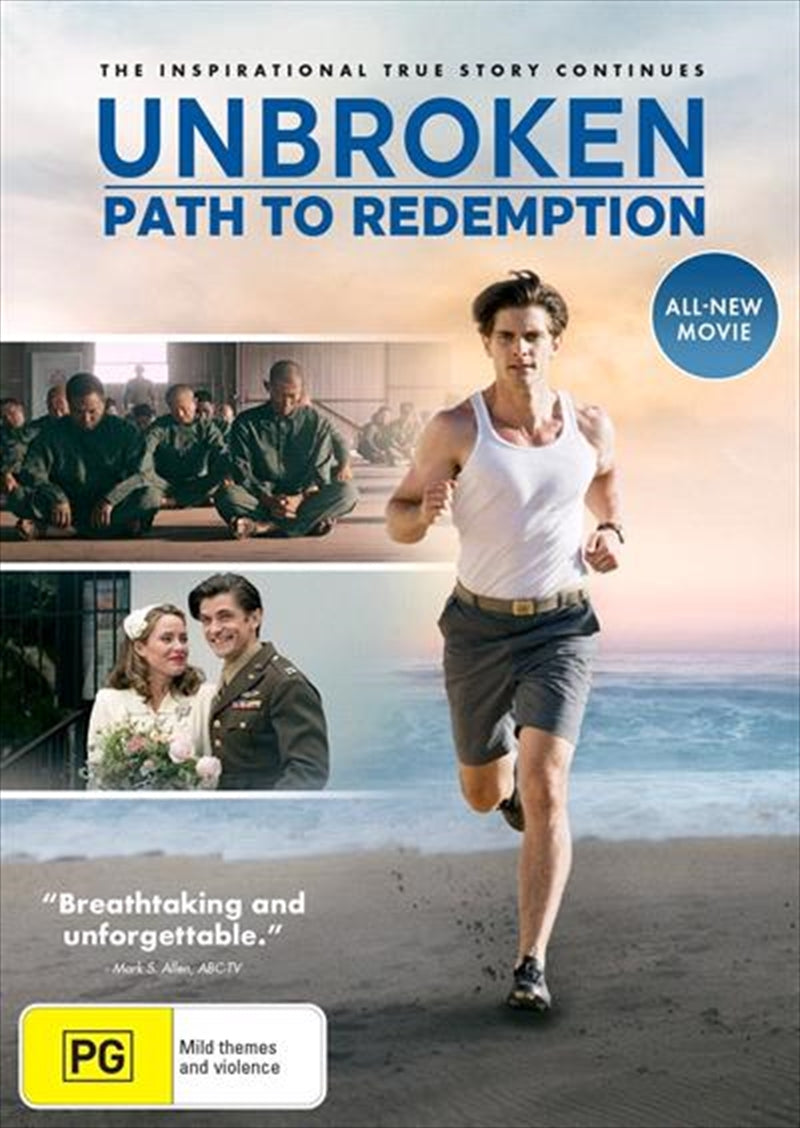 Unbroken - Path To Redemption DVD cover featuring Louis Zamperini, showcasing themes of war, forgiveness, and redemption.