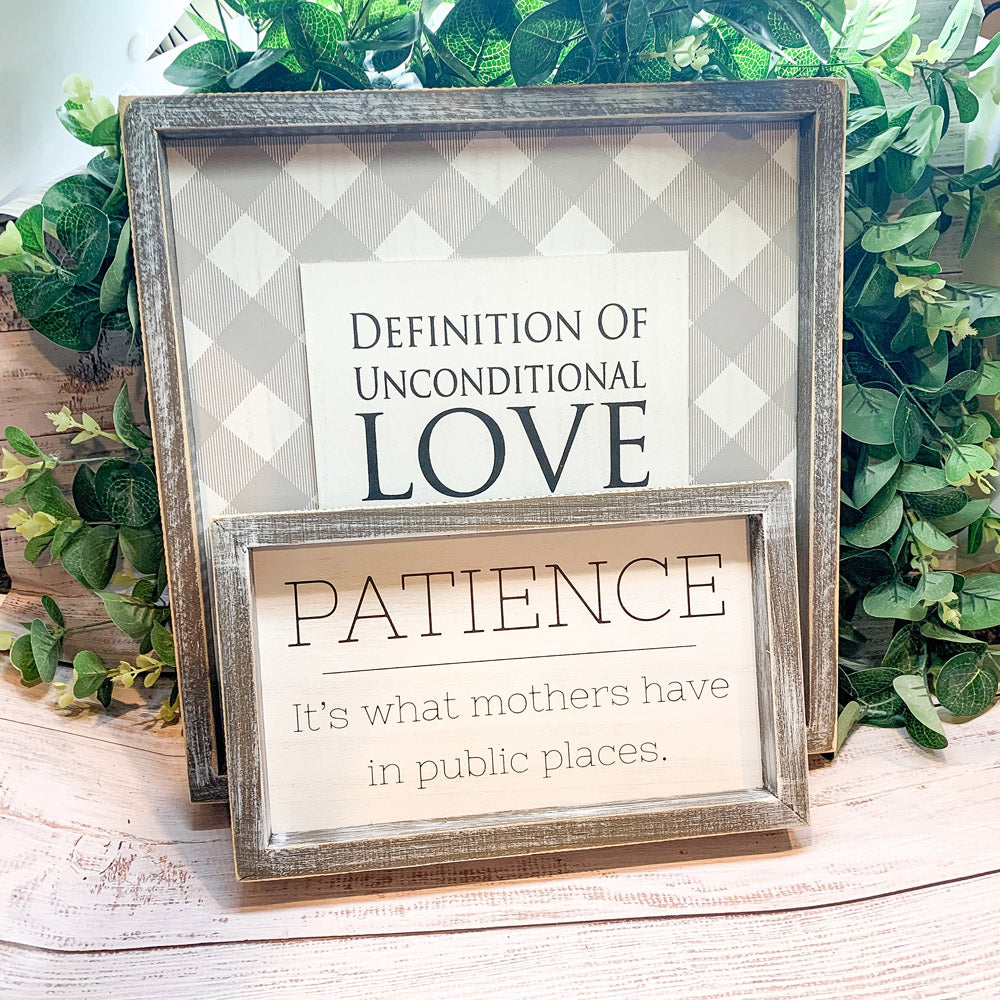 Wood framed sign with the message 'Definition Of Unconditional Love, Mother', perfect for Mother's Day gift.