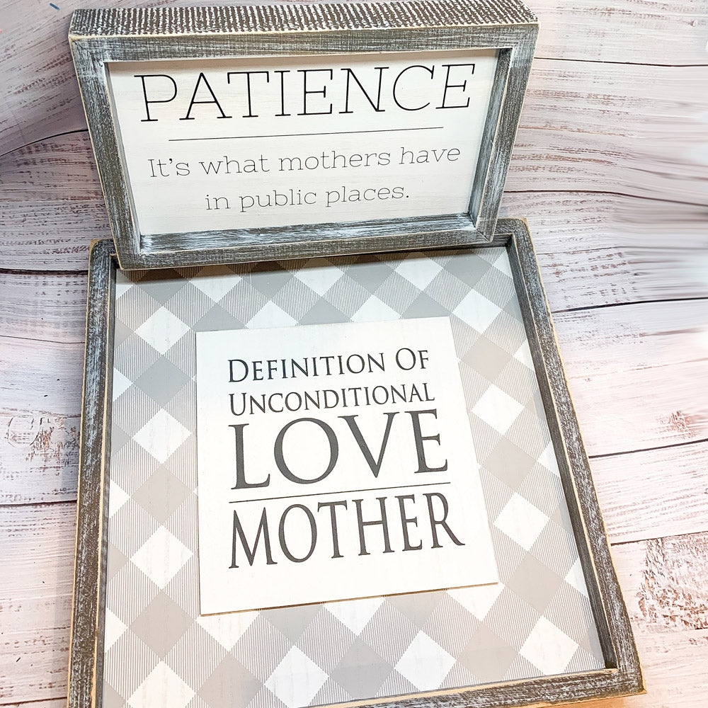 Wood framed sign with the message 'Definition Of Unconditional Love, Mother', perfect for Mother's Day gift.