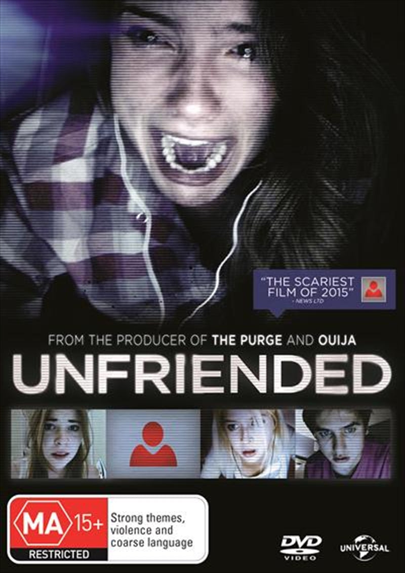 Unfriended DVD cover featuring a dark, eerie design with a computer screen and ghostly imagery.