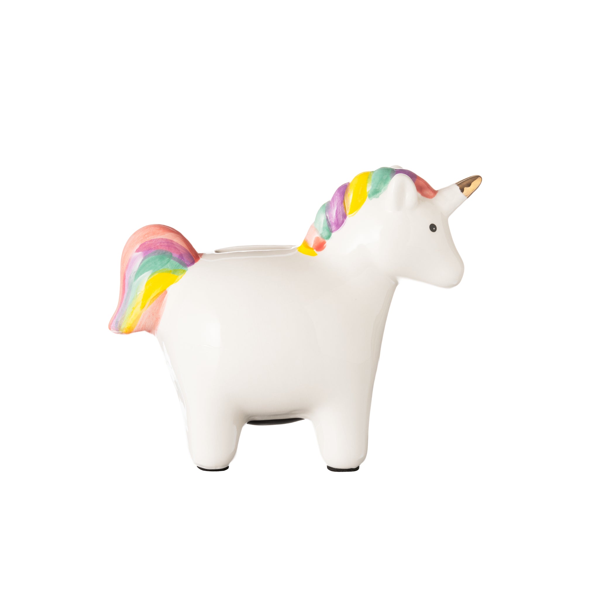 A colorful ceramic unicorn piggy bank designed for kids, featuring a whimsical design and a convenient money slot on the back.