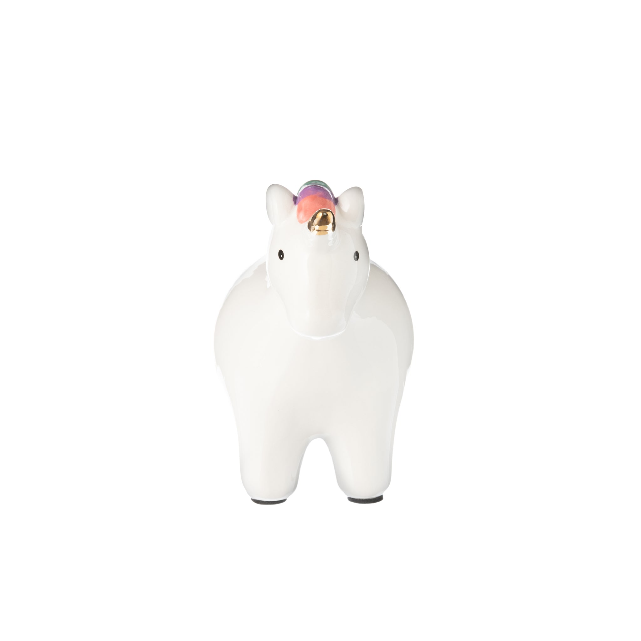 A colorful ceramic unicorn piggy bank designed for kids, featuring a whimsical design and a convenient money slot on the back.