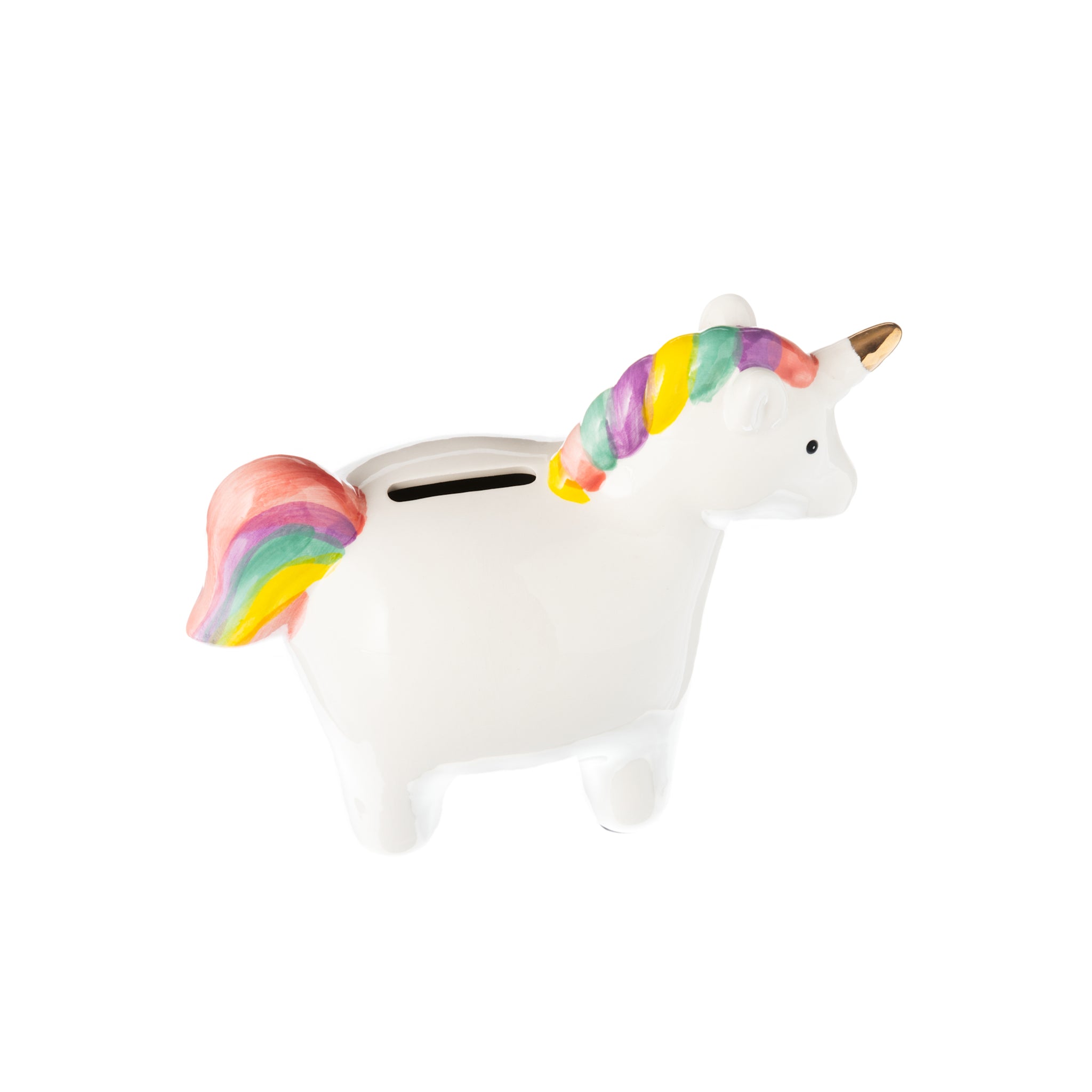 A colorful ceramic unicorn piggy bank designed for kids, featuring a whimsical design and a convenient money slot on the back.