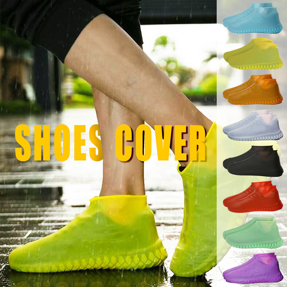 Person wearing colorful waterproof shoe covers.