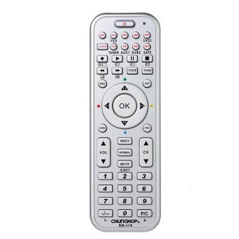 Universal remote control for TV, DVD, SAT, AUX, AMP, and CD devices, featuring a sleek metallic design and compact size.