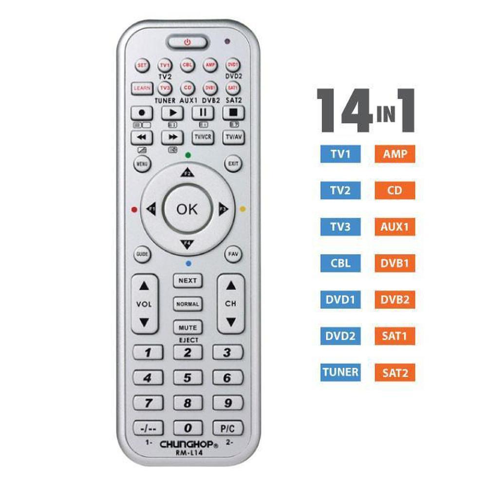 Universal remote control for TV, DVD, SAT, AUX, AMP, and CD devices, featuring a sleek metallic design and compact size.