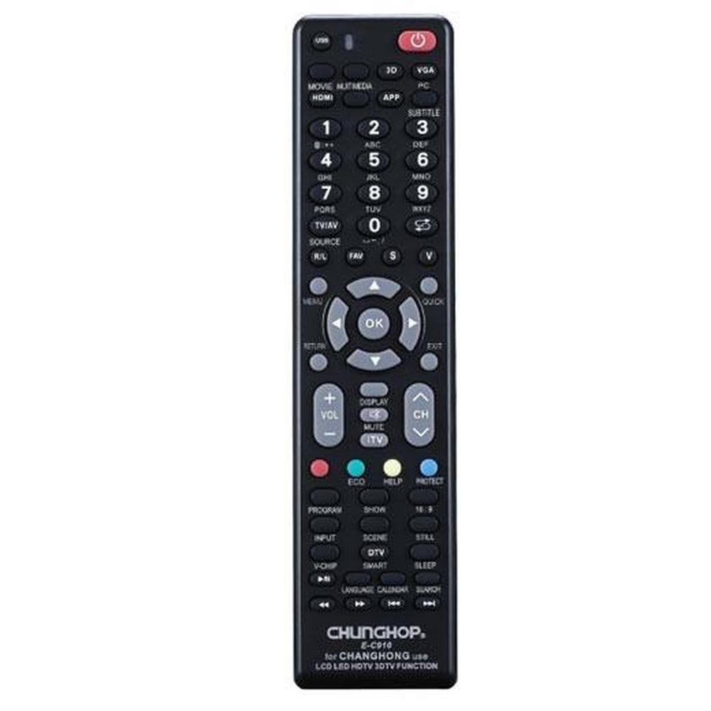 Universal TV remote control designed for Changhong LCD, LED, and HDTV models, featuring a simple layout for easy operation.