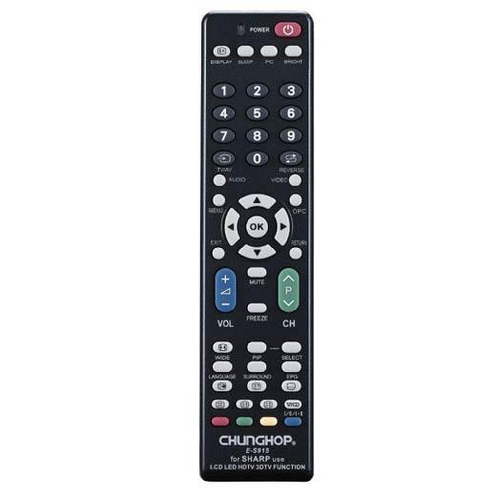 Universal TV remote control designed for Sharp LCD, LED, and HDTVs, featuring a simple layout for easy navigation.