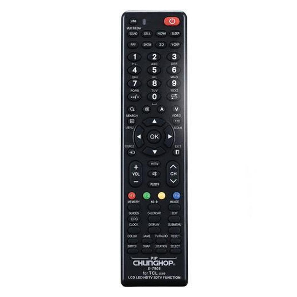 Universal TV remote control designed for TCL LCD, LED, and HDTVs, featuring a sleek design and easy-to-use buttons.