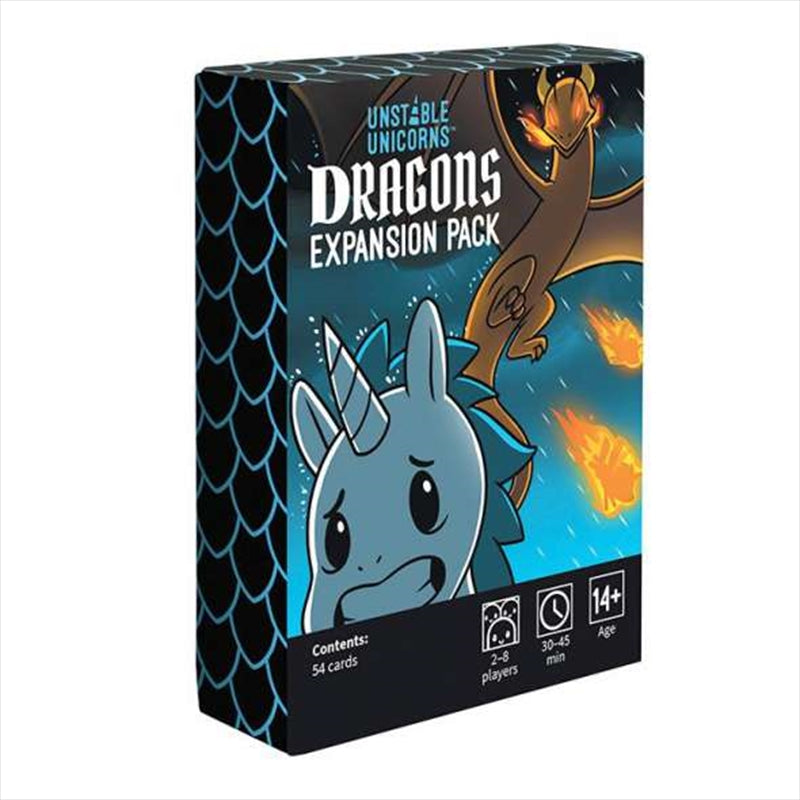 Unstable Unicorns Dragons Expansion Card Game featuring dragon-themed cards and new Unicorns.