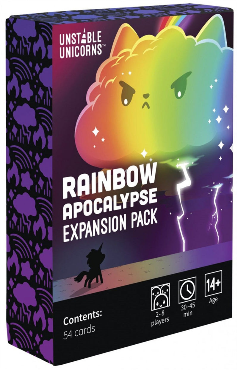 Unstable Unicorns Rainbow Apocalypse Expansion pack featuring colorful and whimsical card designs.