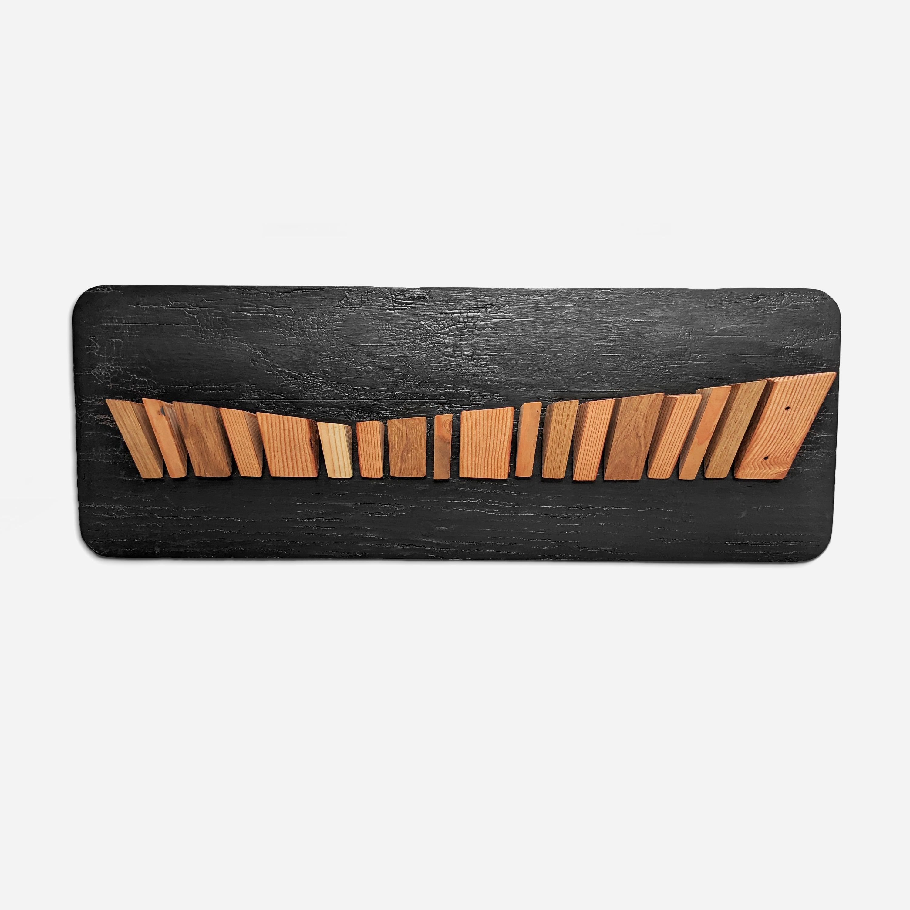 A handcrafted wooden wall art piece, Untitled #8, featuring a unique pattern made from reclaimed wood, showcasing its eco-friendly design.