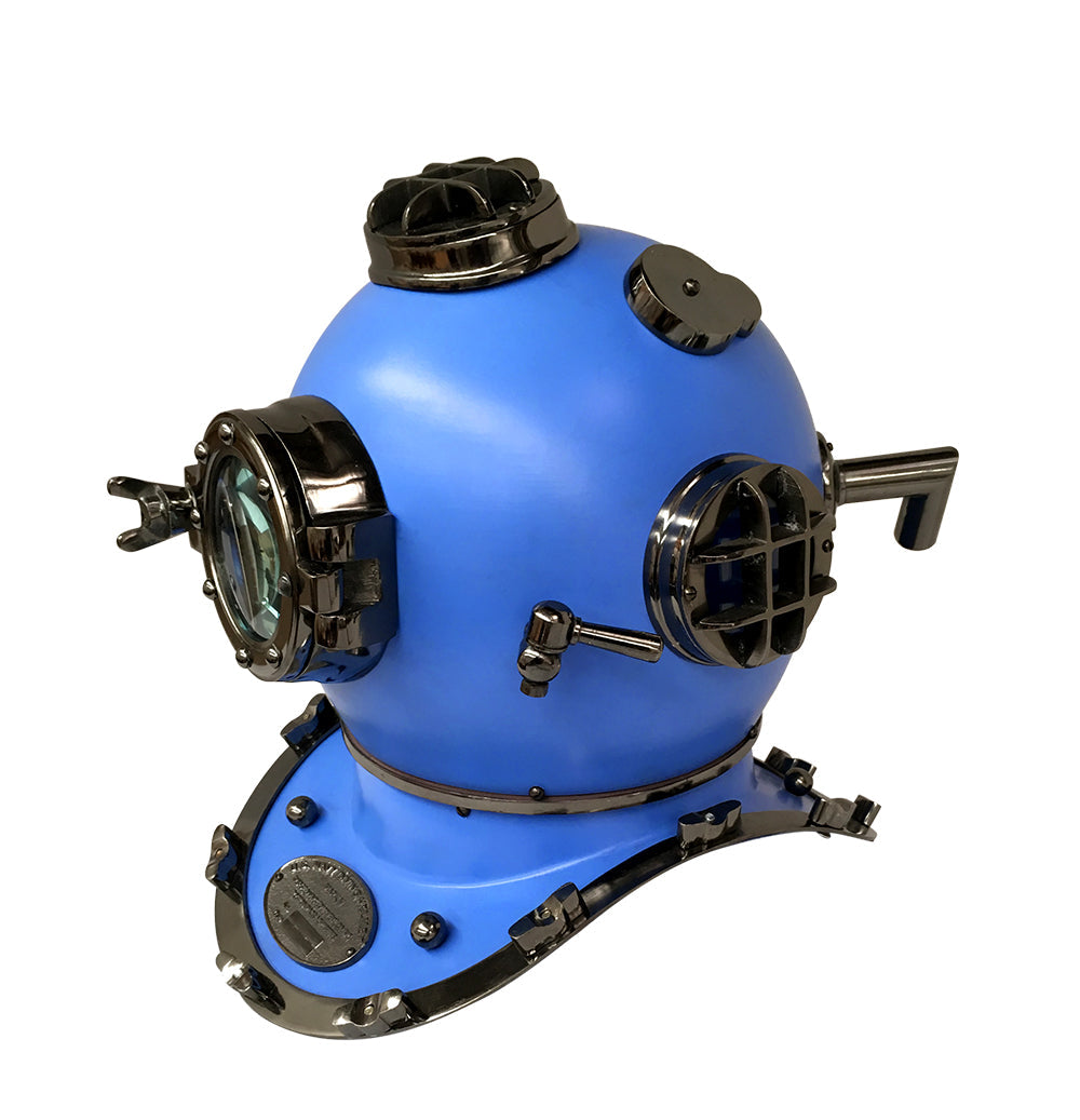 US Navy Mark V Diving Helmet in blue, showcasing its authentic design and magnifying glass viewing window.