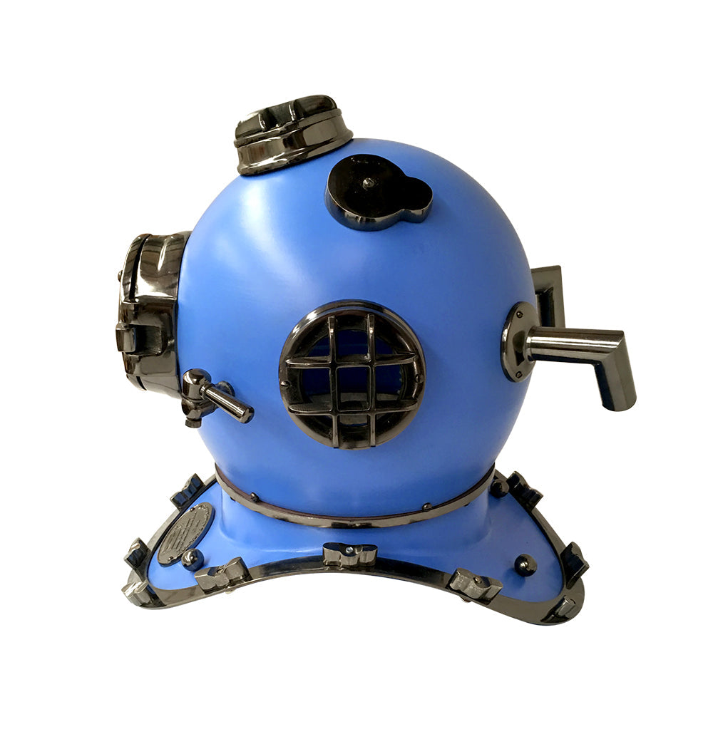 US Navy Mark V Diving Helmet in blue, showcasing its authentic design and magnifying glass viewing window.